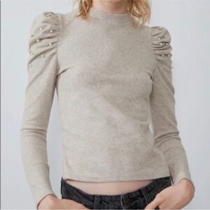 ZARA Sweater Puff Long Sleeve With Faux Pearls Beige-Cream Size S